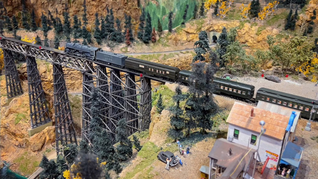 train crossing bridge in model layout