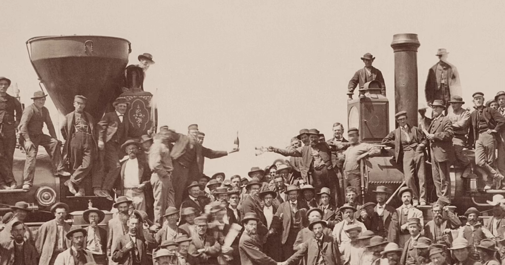 Golden Spike Ceremony, 1869 – Promontory Summit locomotives meet and engineers shake hands