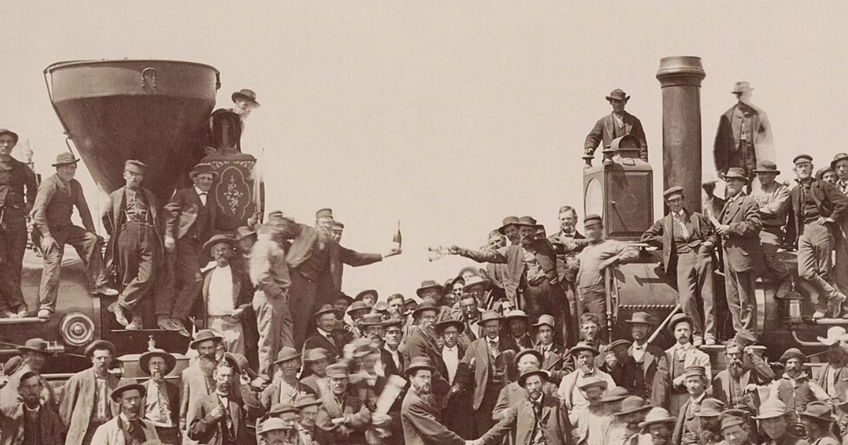Golden Spike Ceremony, 1869 – Promontory Summit locomotives meet and engineers shake hands