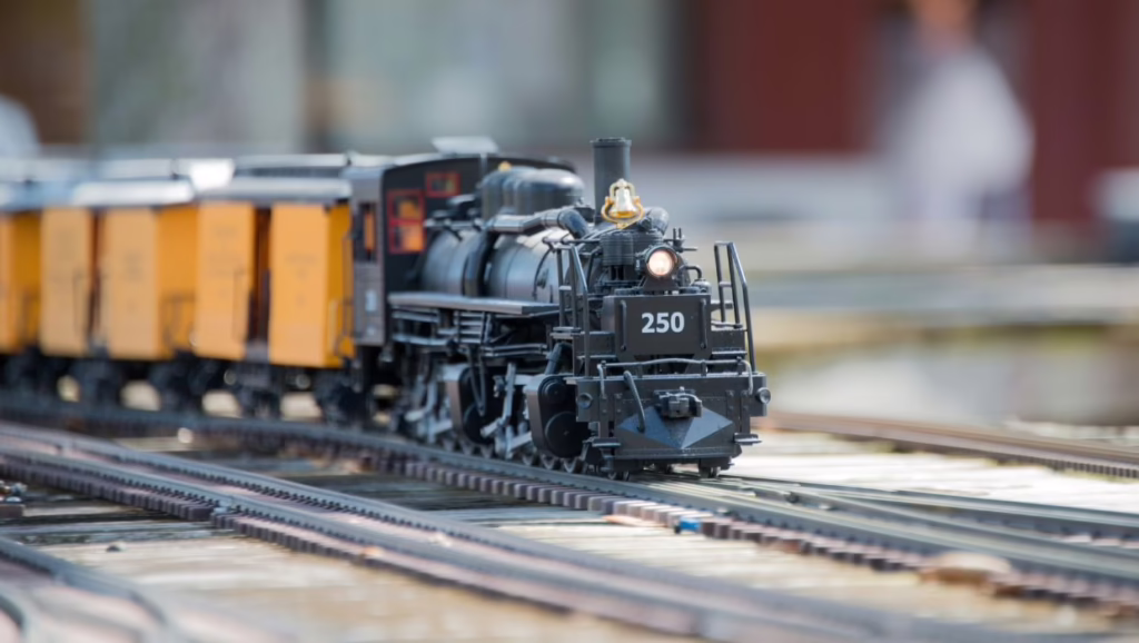 closeup of steam locomotive model train