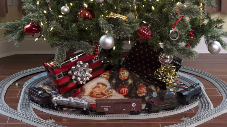 lionel train set under christmas tree