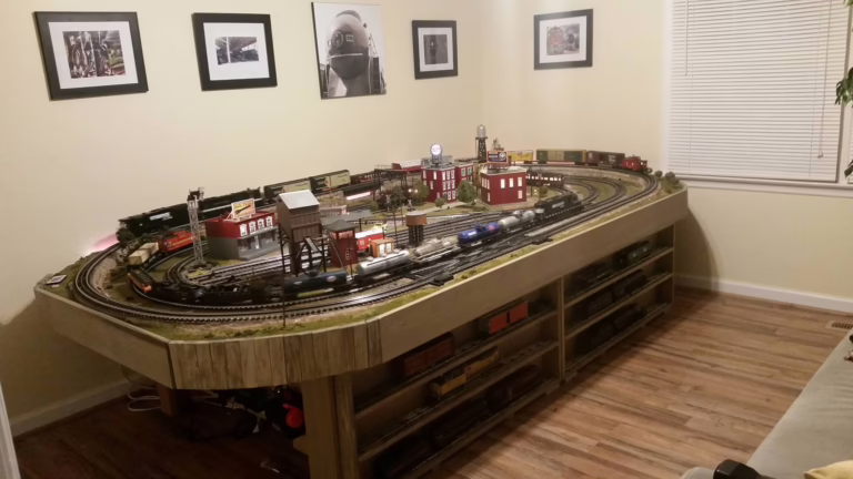 train layout with hardwood floor